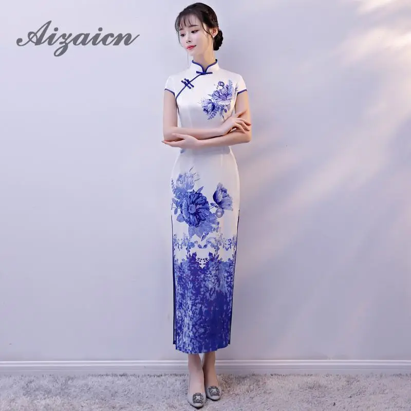 Женское традиционное китайское платье Ципао длинное с принтом для девочек