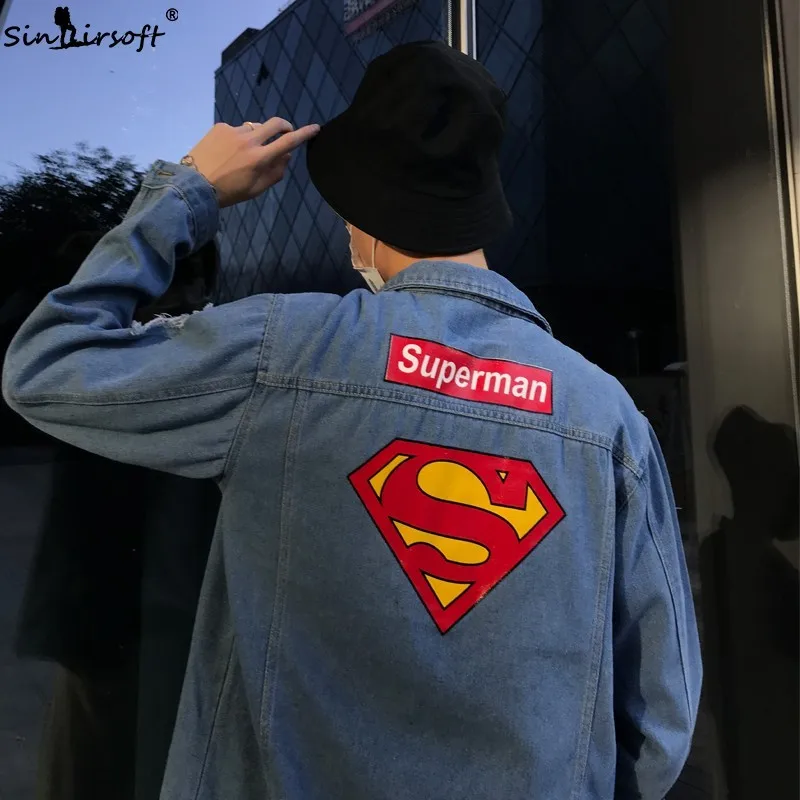 Осенняя модная мужская джинсовая куртка в стиле хип-хоп с надписью и рисунком