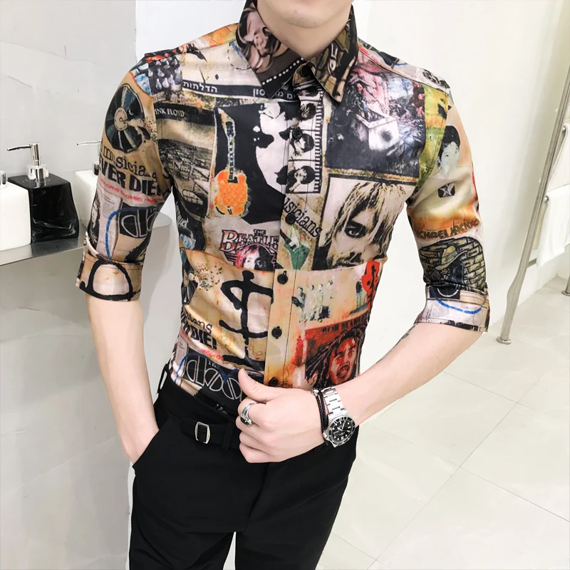 Летний модный принт рубашка Для мужчин Camisa Masculina смокинг узкие рукава до локтя Fit
