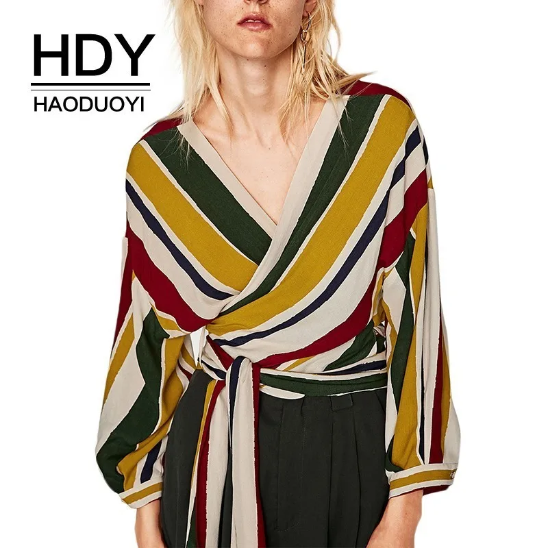 HDY Haoduoyi Color Striped V Collar Kimono Blouse Simple V-neck Sexy Trend Wrap Cross Strap Fashion Tops | Женская одежда