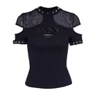 Женские футболки Rosetic в стиле панк и готика, повседневные облегающие черные Клубные футболки с заклепками и сеткой в стиле хип-хоп, топы в готическом стиле на лето