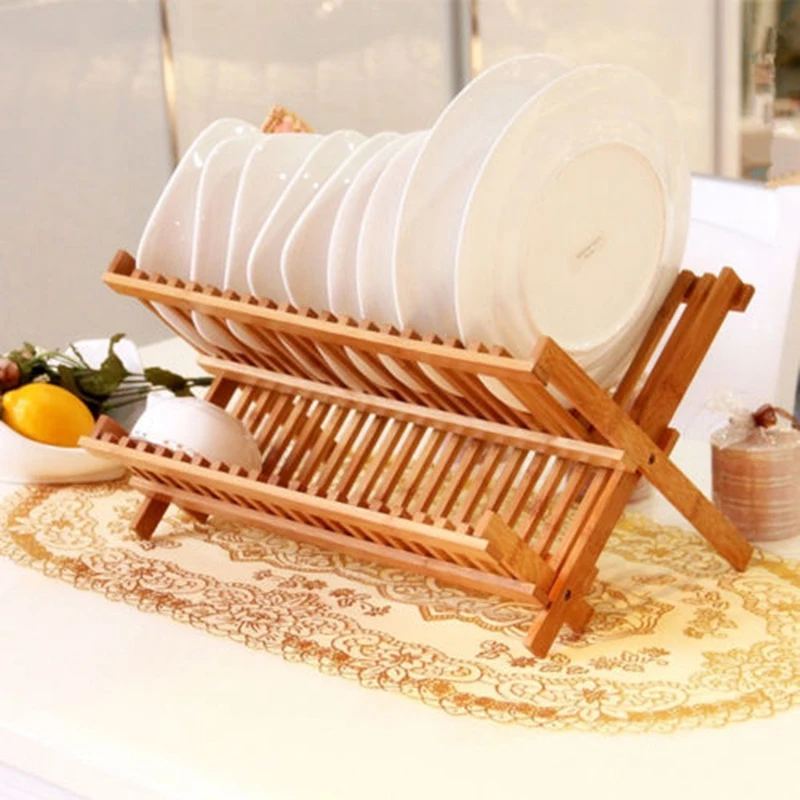 

Folding Bamboo Dish Rack Drying Rack Holder Utensil Drainer Plate Storage Holder Plate Wooden Flatware Dish Rack