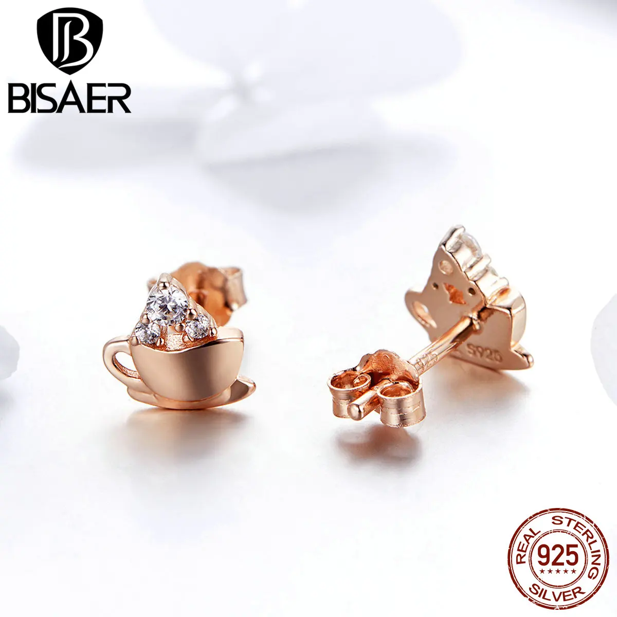 Bisaer 100% Стерлинговое Серебро 925 пробы золотые серьги-гвоздики с кофейной чашкой