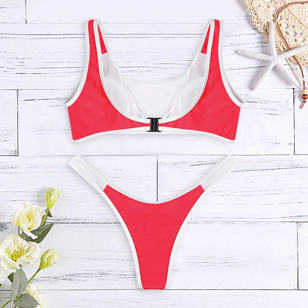 2019 New Style Summer Bikinis Swimwear Swimsuits Scoop Neck Sleeveless Mesh Spliced Color Blocking Padded Women Sexy Bikini Set |