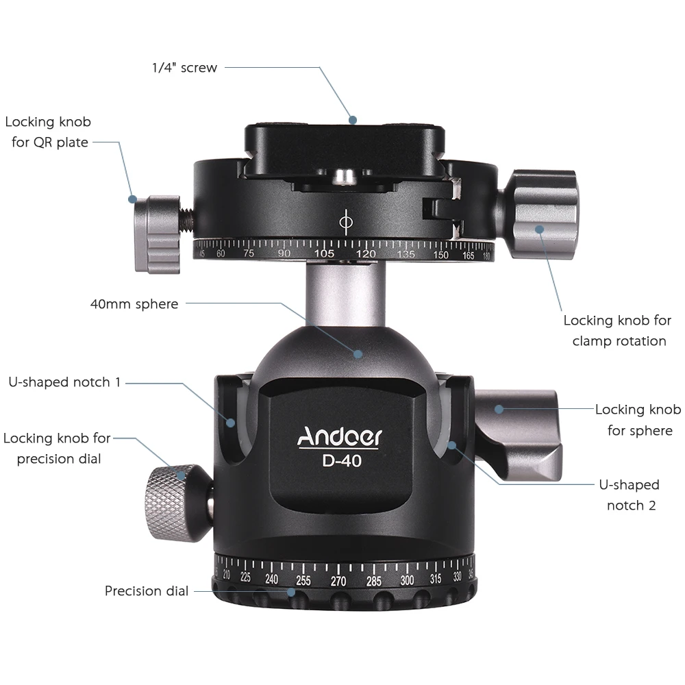 Andoer D-40 профессиональная шаровая Головка с двойной панорамной головкой и ЧПУ для