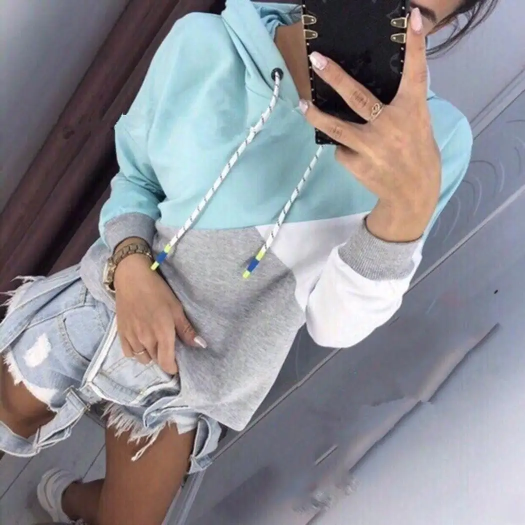 Women Fashion Hooded Long Sleeve Contrast Patchwork Color Winter Casual Regular Fleece Drawstring Hoodies | Женская одежда