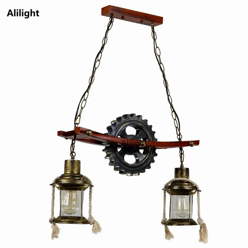 Ретро дерево искусство пеньковая веревка шестеренка декор подвесной светильник