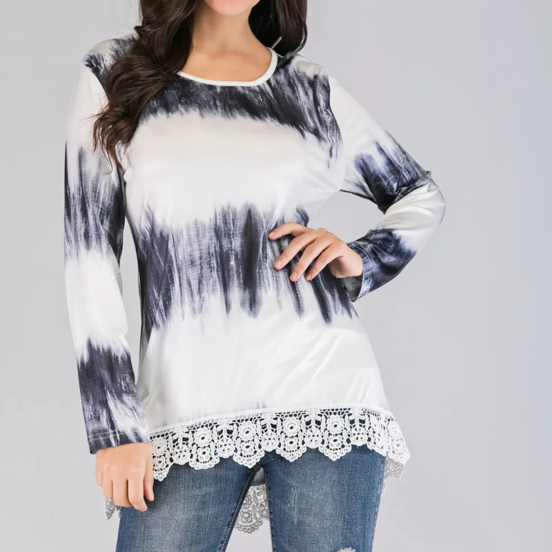 Женская Повседневная футболка с круглым вырезом черная и синяя длинным рукавом