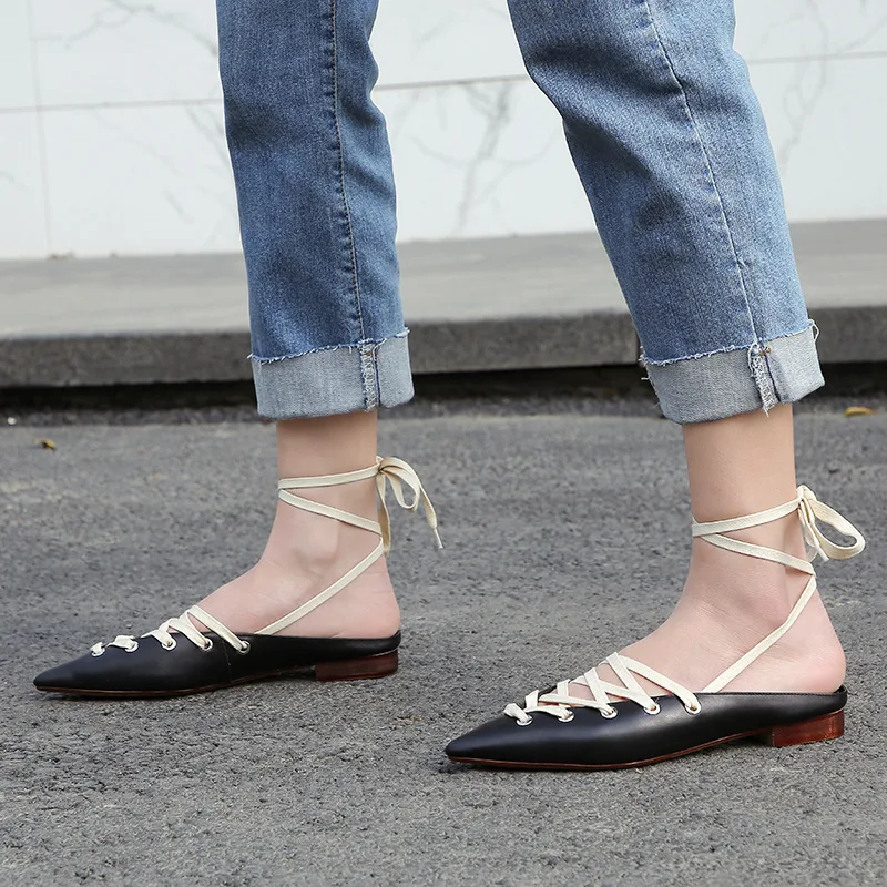 Online Moraima Snc New Fashion Youth Trend 2019 Desain Sepatu Tunggal Musim Semi Musim Panas Fashion Pointed Toe Lace-Up Girls Hitam/Beige