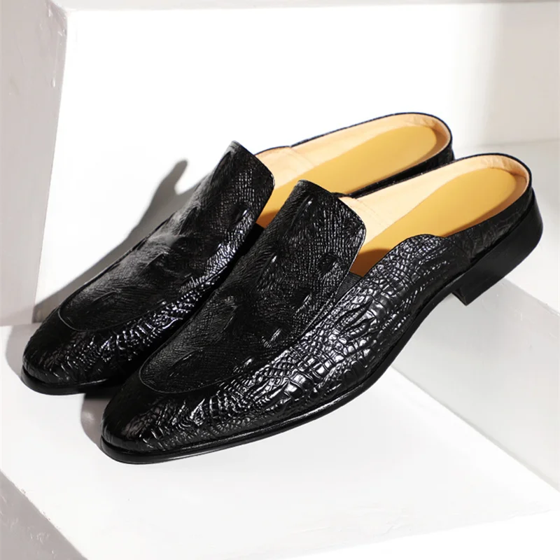 US6-11 Full Grain Leather Casual SLIP-ON New Men Penny Loafer Crocodile Pattern Mules Open Back Slippers Designer Shoes | Обувь