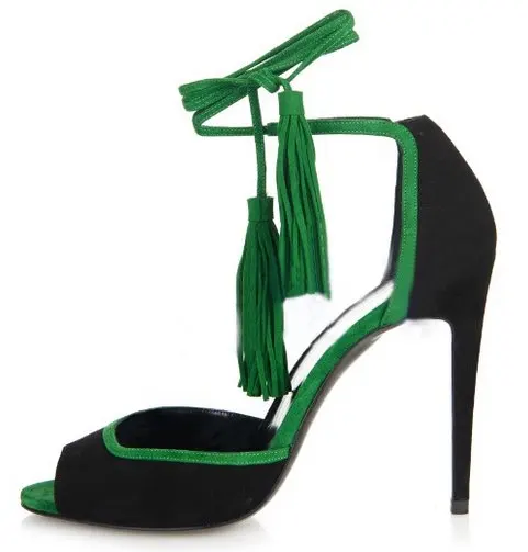 

Women Green Black Mixed Color Suede Leather Peep Toe Sandals Gladiator High Thin Heel Fringe Decoration Lace Up Shoes Dress
