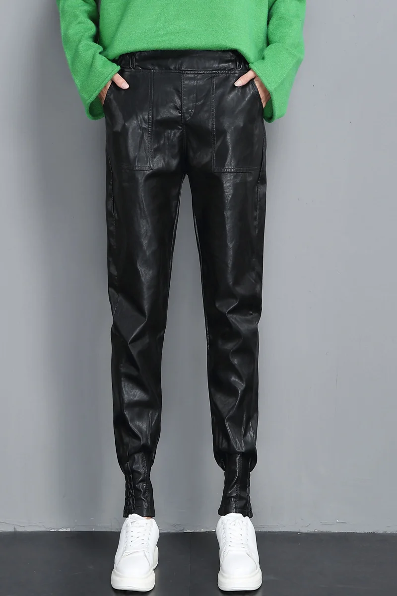

Women PU Leather Pants Women Autumn Elastic Waist Skinny Ankle Length Harem Pants Slim Faux Harlan Leather Trousers For Female