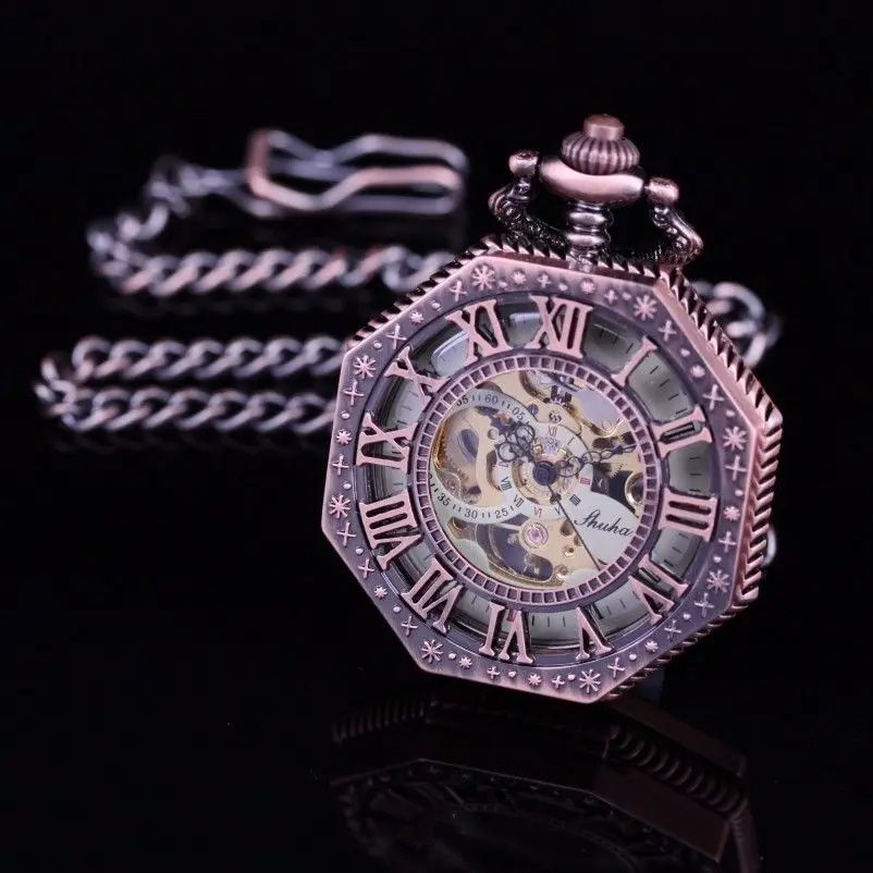 Double Roman Number Skeleton Steampunk Hollow Case Half Hunter Polygon Copper Tone Retro Wind Up Men Pocket Watch | Наручные часы