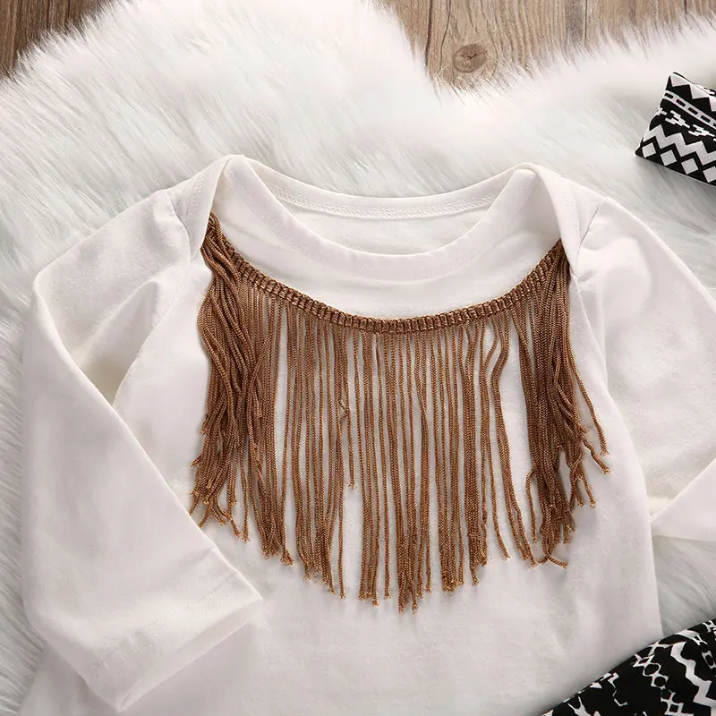 Spring Autumn Long Sleeve Tassel Bodysuit Tops Pants Headband Girl Clothing Cotton Outfits 3pcs Fashion Baby Girls Set | Детская одежда