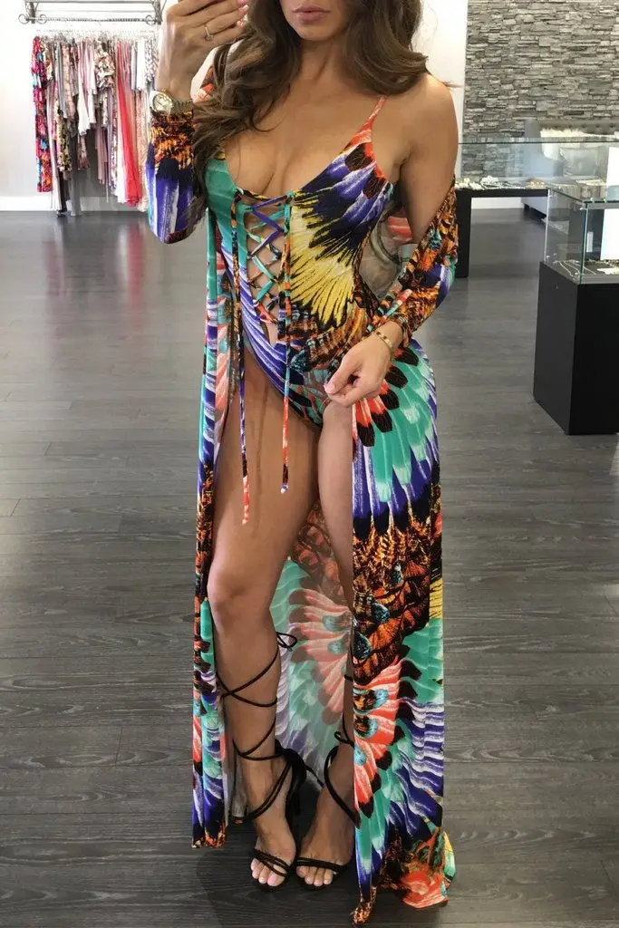 2019 New Brazilian Exotic Swimsuit Swimwear Sexy Women One Piece Bikini and Cover Up Beach Cardigan Coat 2Pcs Set Bathing Tunic | Спорт и