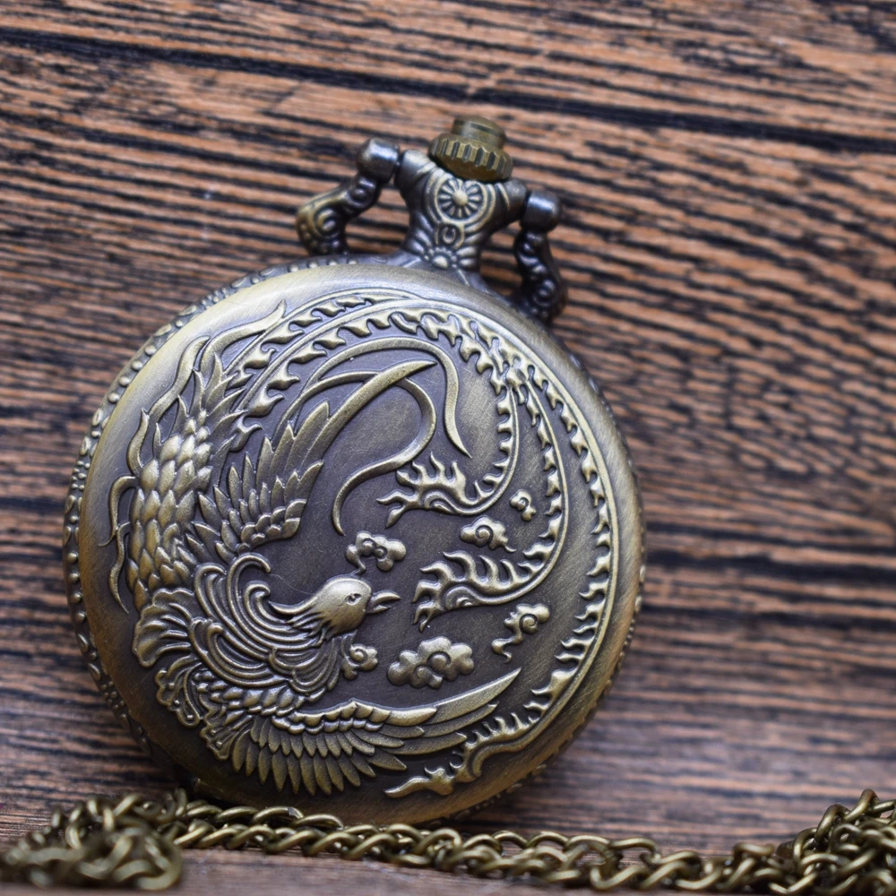 

Pocket & Fob Watches Vintage Bronze Phoenix Bird Quartz Pocket Watches Necklace Women/Mens Pendant Watch with Necklace Chain