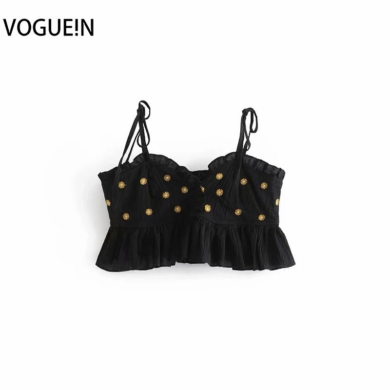 VOGUEIN Новая женская летняя пляжная короткая блузка с цветочной вышивкой топ 3