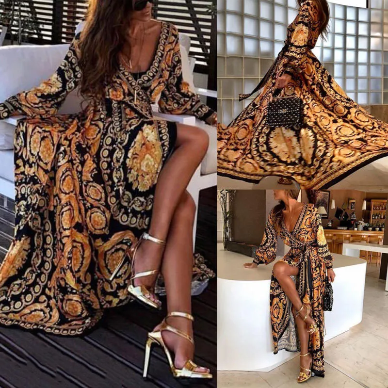 Бохо стиль длинное платье женское сексуальное с v-образным вырезом пляжное