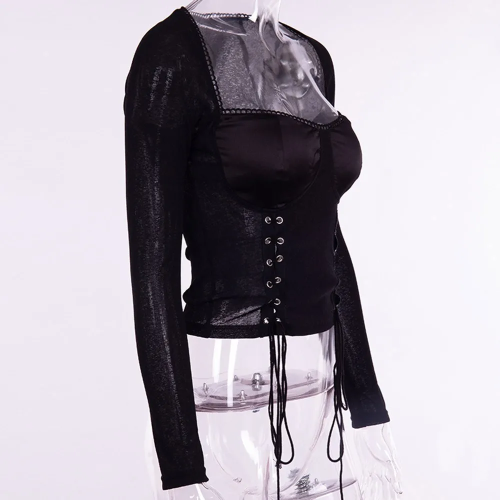 Black Gothic Vintage Square Neck Tee Shirt Women Lace Up Low Cut Long Sleeve Crop Tops Elastic 2018 Autumn Tie Clothes | Женская одежда