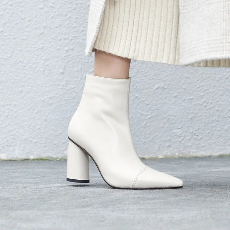 Элегантные женские белые кожаные ботильоны на молнии с острым носком и круглым