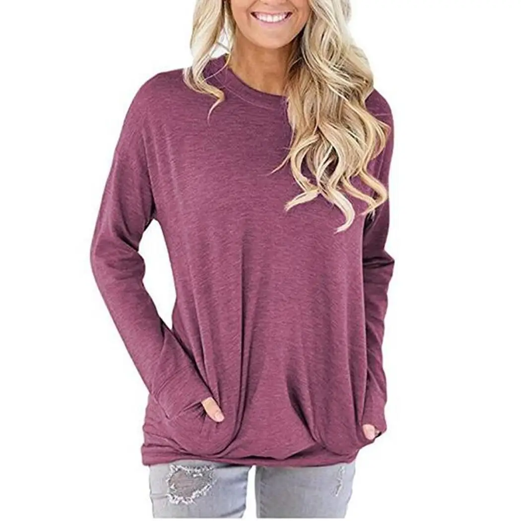 Woman Casual T-shirt Multi-color Solid Color Women Pockets Decor Loose Causal O-Neck Top Long Sleeve | Женская одежда