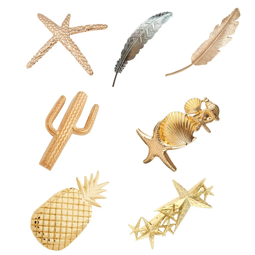 

Vintage Metal Barrettes Gold Imitate Starfish Conch Shell Spring Clips Leaf Feather Pinch Cock Tuba Hairpin Hair Accessories