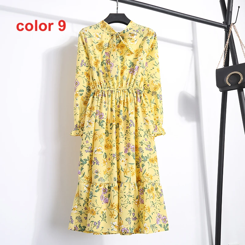 MoYan Women Floral Print Dress Stand Collar Bow Slim Elastic Waist Chiffon Female Vestidos 2018 Autumn Knee-length | Женская одежда