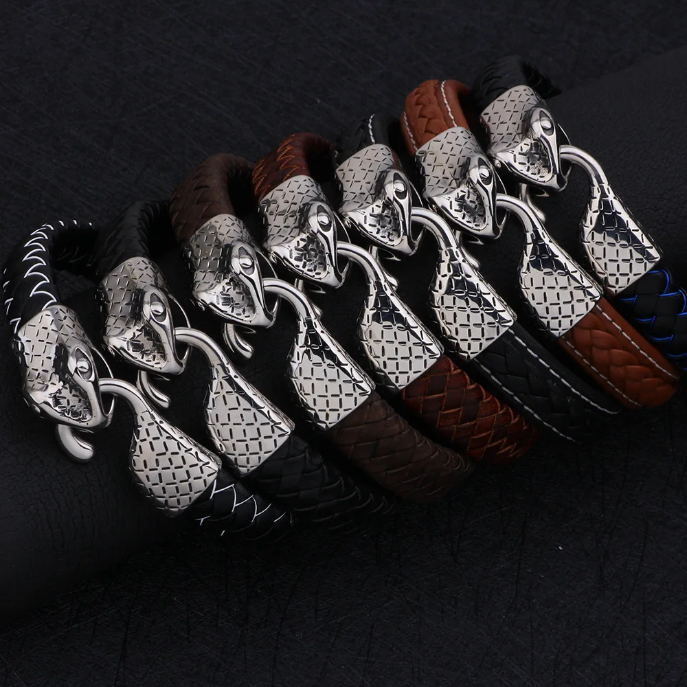 2019 New Bracelet Personality Fashion Stainless Steel Snake Head Leather Woven Men's Trend | Украшения и аксессуары