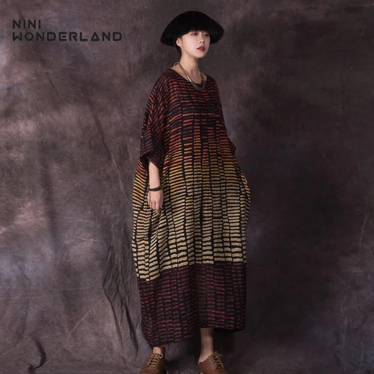 Женское Хлопковое платье NINI WONDERLAND длинное с принтом свободное большого размера