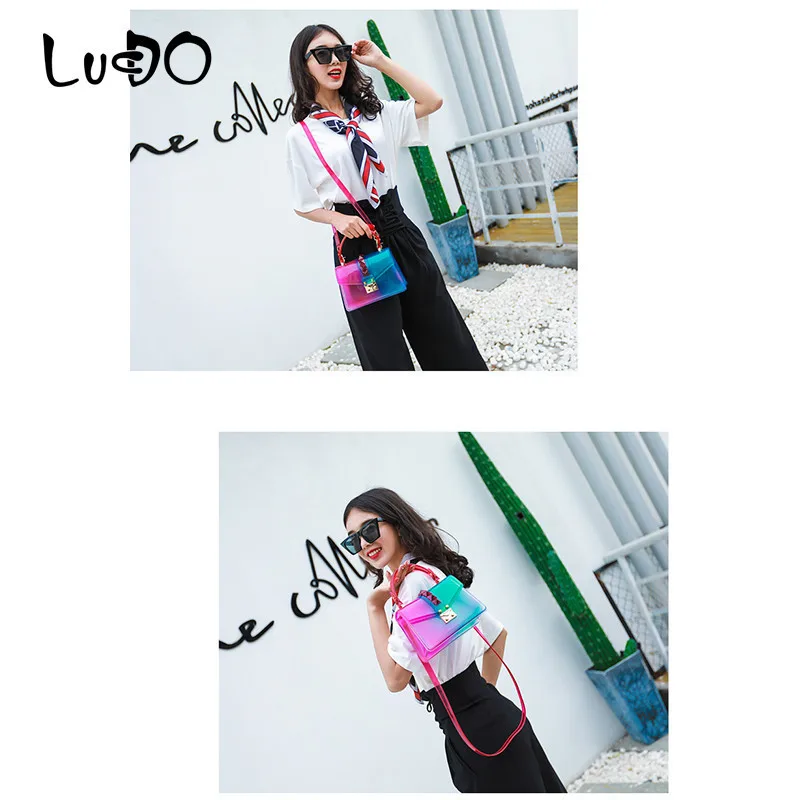 

LUCDO New Satchel Handbag Gradients Color Clear Jelly Transparent PVC Rivets Candy Color Tote Bag Purse Crossbody Messenger Bag