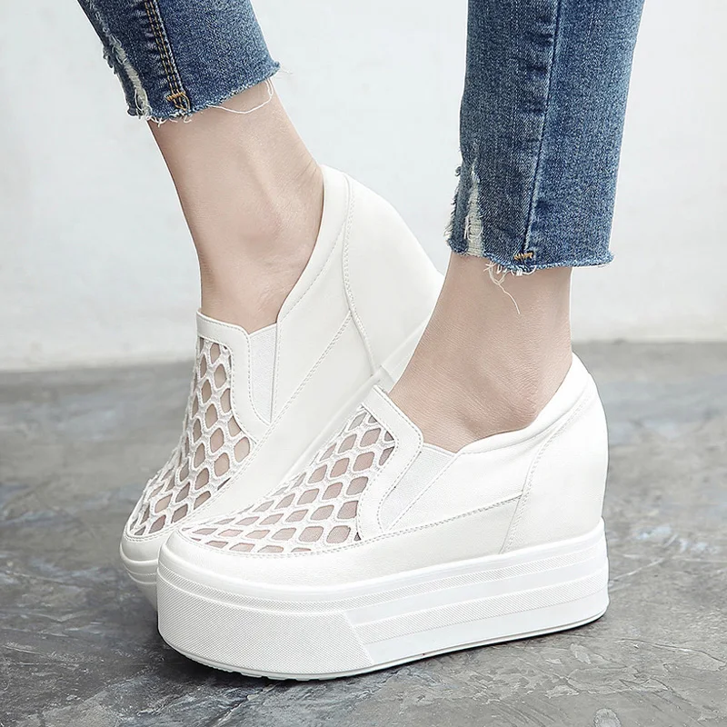 Women Wedge Platform Rubber Brogue Leather Lace Up High heel Shoes Pointed Toe Increasing Creepers White Silver Sneakers 10cm | Обувь