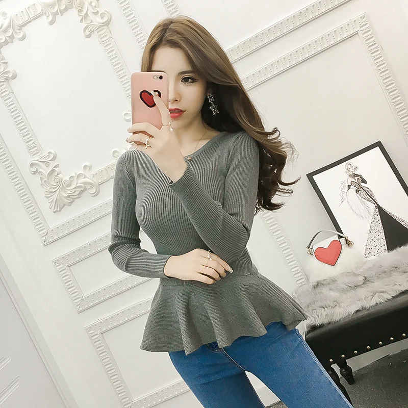 2019 Basic Pullovers Sweaters Hot Women Ruffled Long Sleeve Slim Bodysuit Top Gray Green Black Red Peplum Knit Sweater J303 | Женская