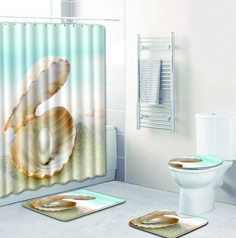 Sea shell printed Polyester Shower Curtain Bathroom Waterproof with 10 Hooks Pedestal Rug Lid Toilet Cover Bath Mat Set | Дом и сад