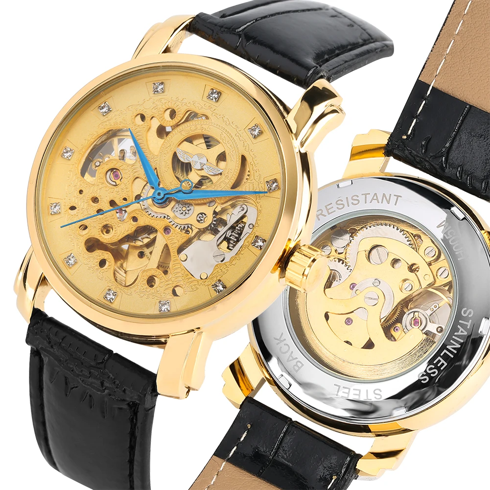 Механические часы скелетоны с автоподзаводом золотистые полые синим элементом