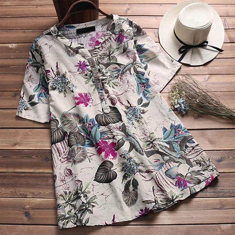 

Women Loose Tops Summer Women's Linen Plush Size Shirt Ladies Floral Boho Blusas Casual Short Sleeve V-Neck Button Shirts
