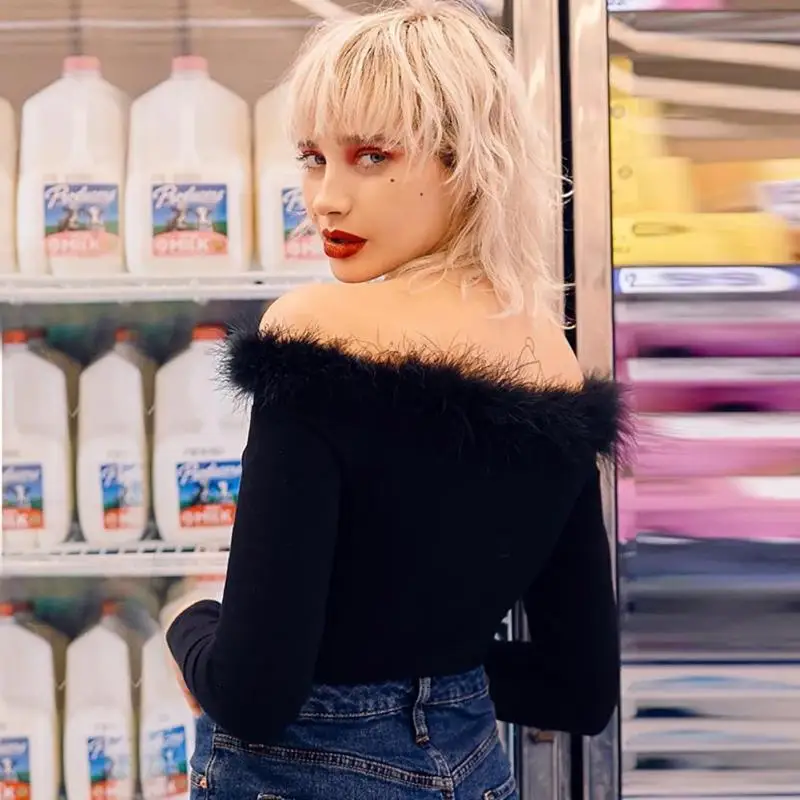 Простые однотонные Цвет Для женщин сексуальная пушистый Slash шеи с плеча длинным