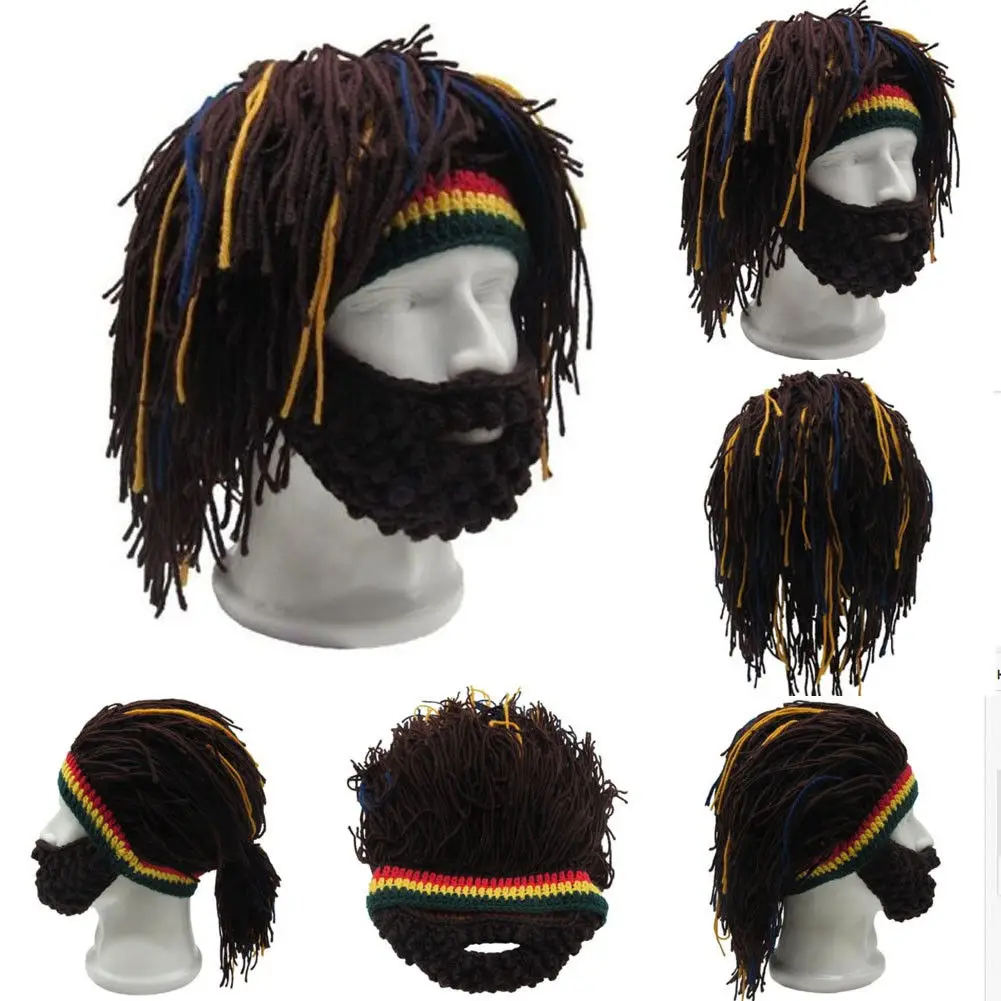 Шапка с париком и бородой Hobo Rasta вязаная теплая Зимняя кепка ручной работы для