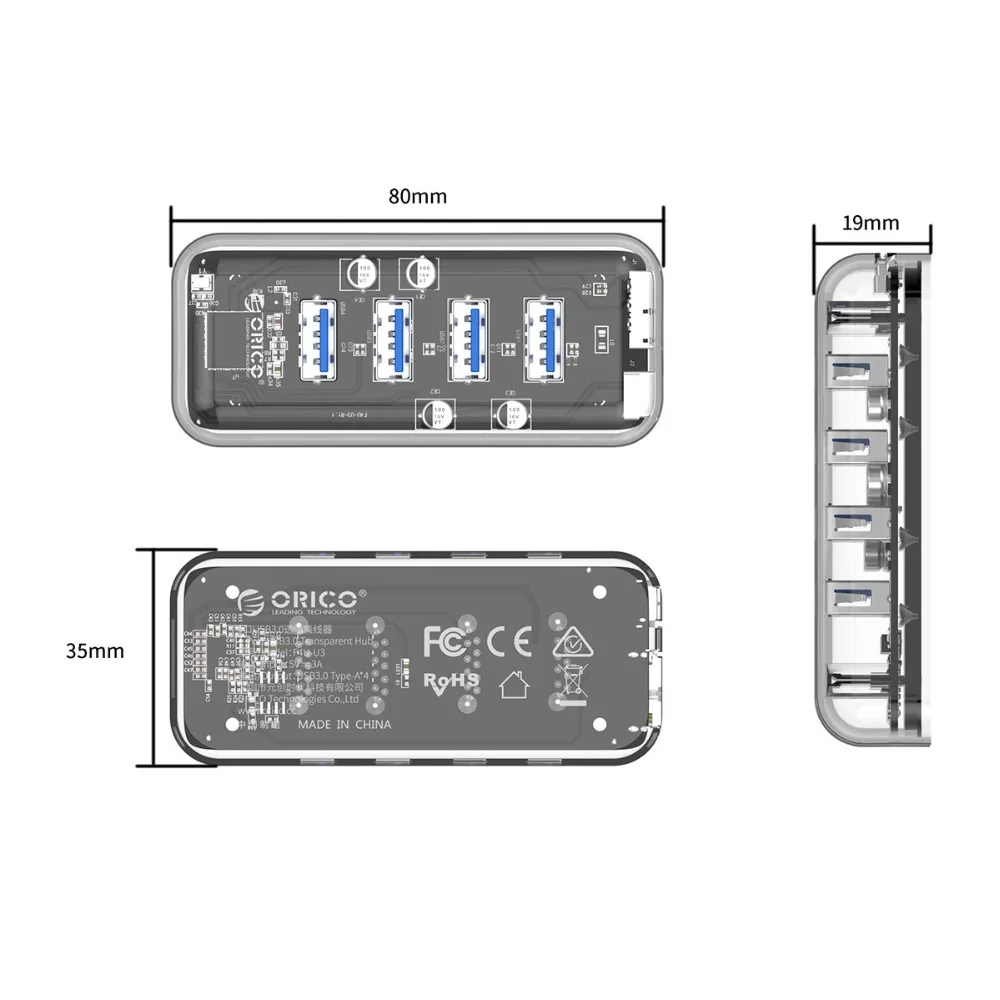 Orico 4 порта s Usb3.0 прозрачный концентратор сплиттер с двойным микро USB портом
