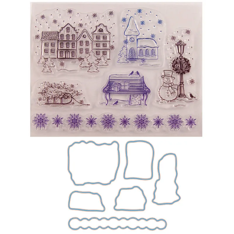 

Christmas House stamps and dies Snowflake stamps with Metal cutting dies set for Scrapbooking Paper craft Card making decoration