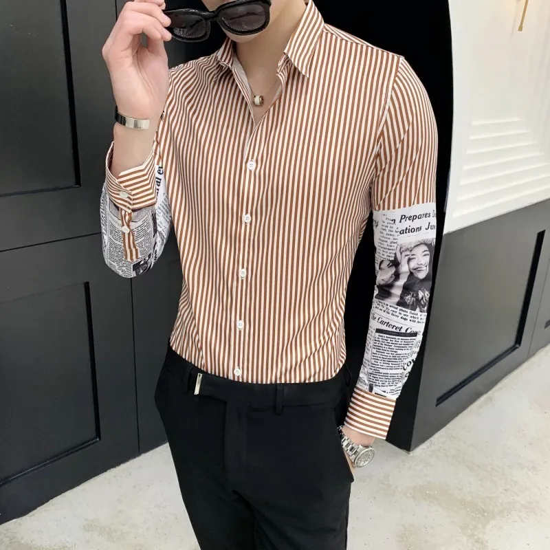 Корейский Роскошные полосы печати приталенная Мужская рубашка Camisa Masculina