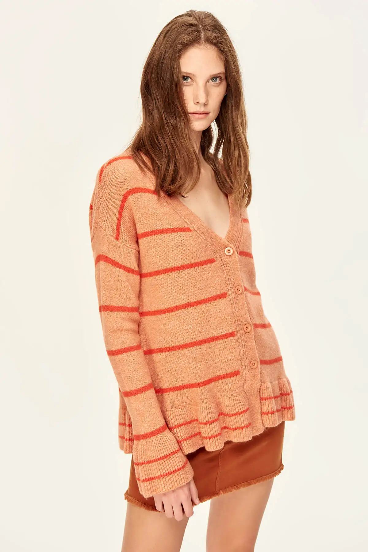 Trendyol Striped Cardigan Sweater Skirt Peach Flywheel End TCLAW19FV0013 |