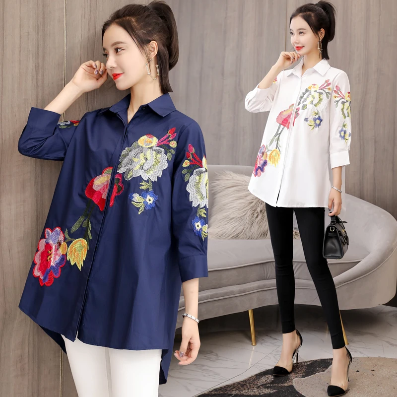 2019 New Spring Women Shirts Lantern Sleeve After Shortfore Long Blouse Shirt White Navy 5650