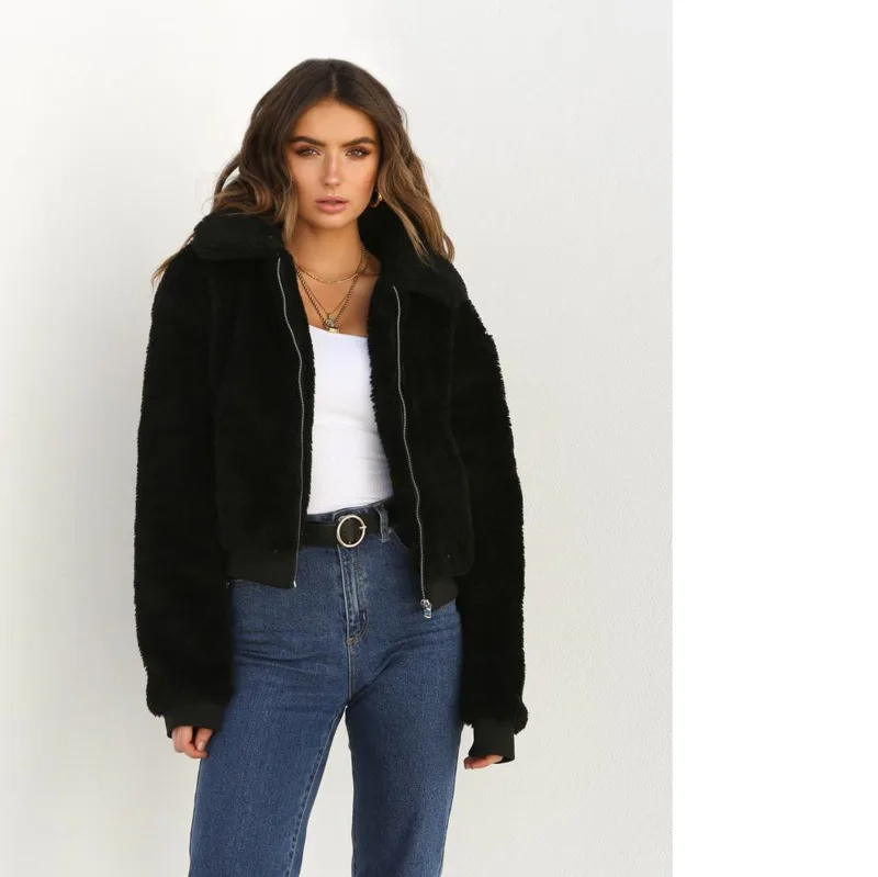 

Winter Women Turndown Collar Wool Blend Jacket Long Sleeve Zipper Loose Thick Coat Fleece Faux Fur Jumper Mujer Invierno Ey*