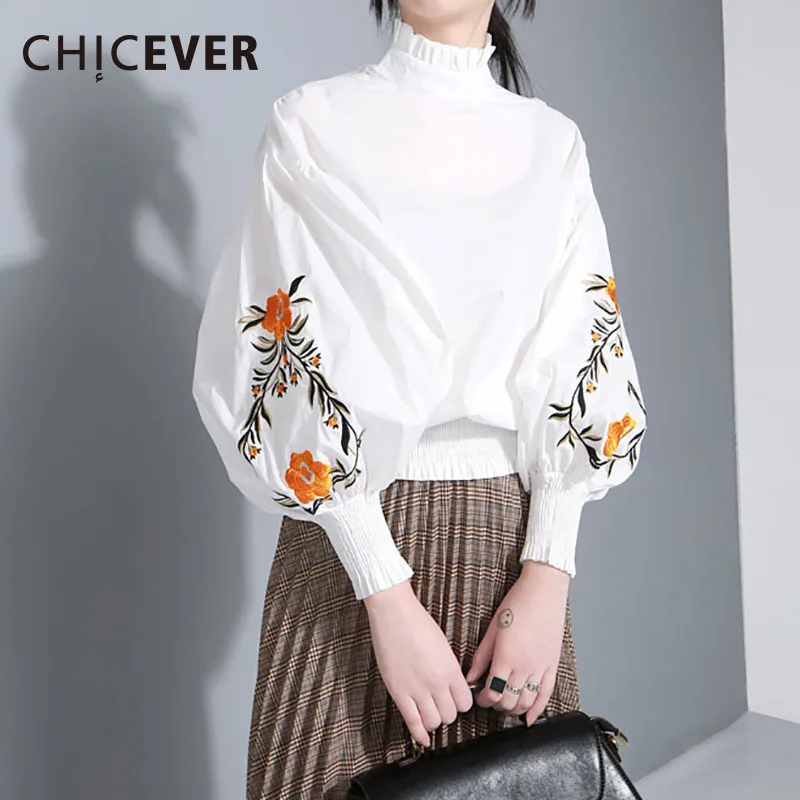 CHICEVER Вышивка Цветочные женские футболки для женщин топ фонарь с длинным рукавом