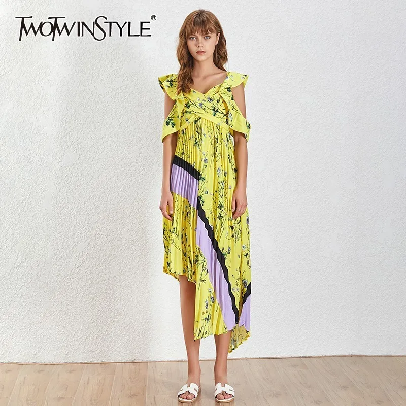 TWOTWINSTYLE Летние Платья с цветочным принтом женские оборками коротким рукавом