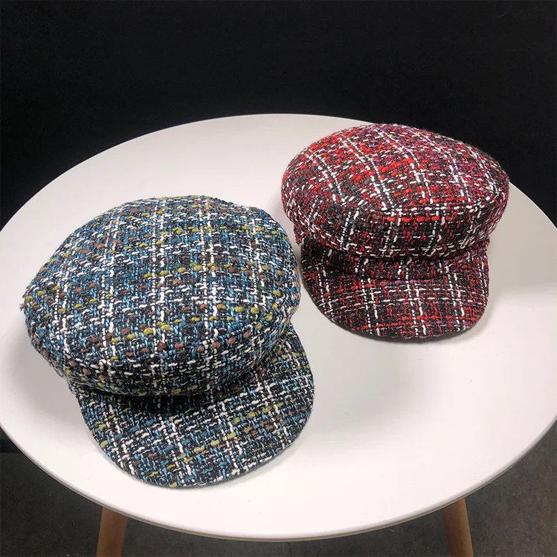 2018 Новая женская зимняя шапка модная теплая полосатая твидовая Кепка newsboy с