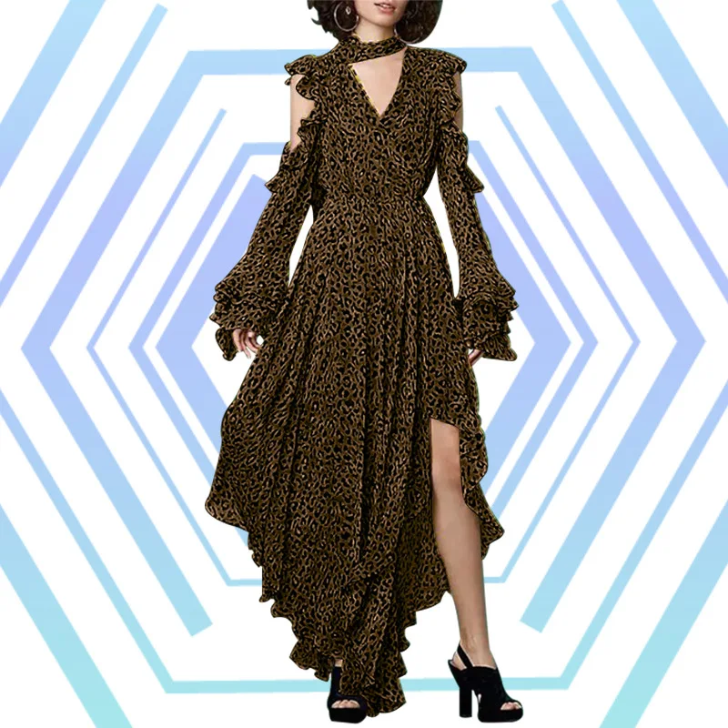 Leopard Female Dresses For Women Off Shoulder Flare Sleeve Asymmetric Hem Backless Ruffles Dress Vintage Clothes | Женская одежда
