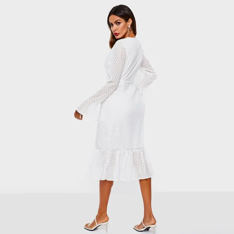 White Midi Dress Women Simple Elegant Slim Boho Travel Spring 2019 Stylish Striped Ruffles Sexy Deep V Beach Wrap Dresses Female | Женская