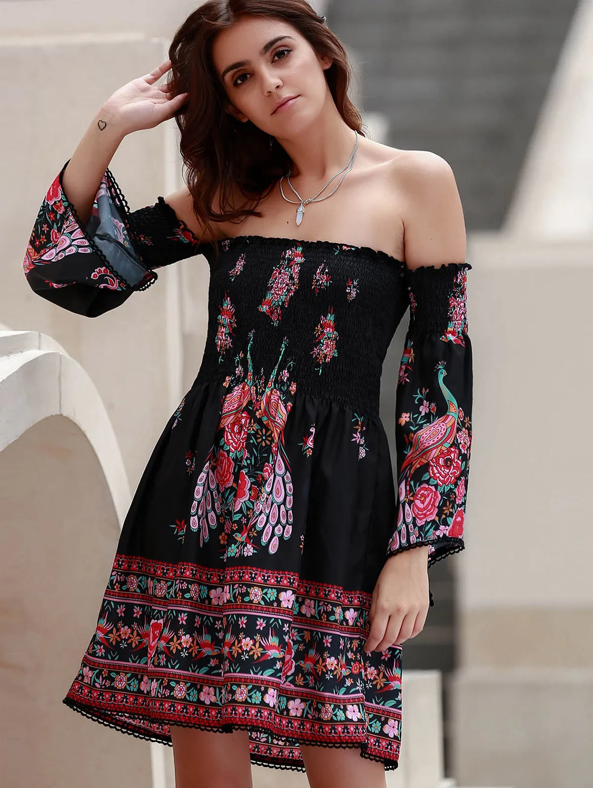 COSMERA Для женщин богемные платья Пляжные платье сладкий Off The Shoulder с принтом и