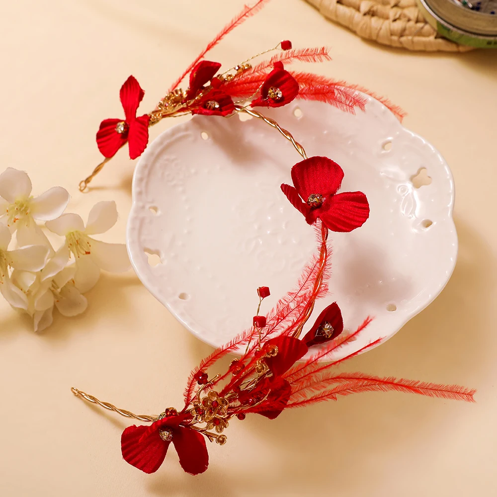 Fashion Korean Headband Artificial Red Feather Headpiece Fabric Flower Headdress for Wedding Bridal Princess Headwear Ornaments | Украшения